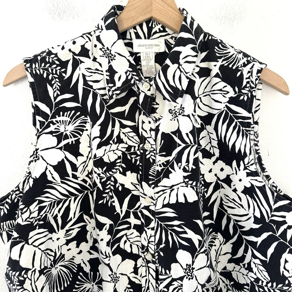 Vintage Jones New York Top XL Black White Tropical 100% Cotton Linen Blend Beach - Picture 2 of 7